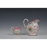 Two Sunderland Pink Lustre jugs, the smaller with loop handle with transfer printed panels '