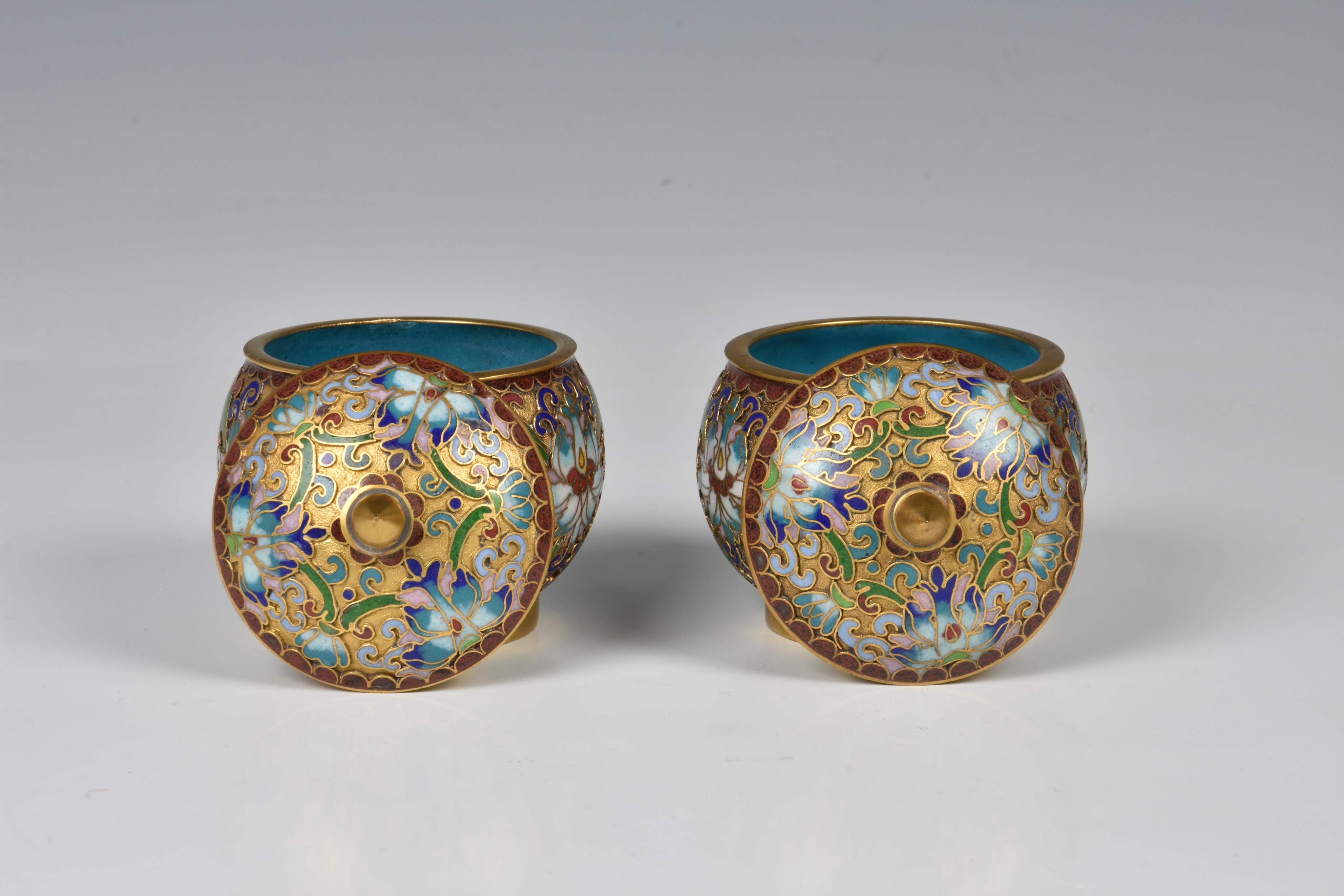 A pair of miniature Chinese gilt metal champleve enamel covered jars, 20th century, of globular - Image 3 of 4