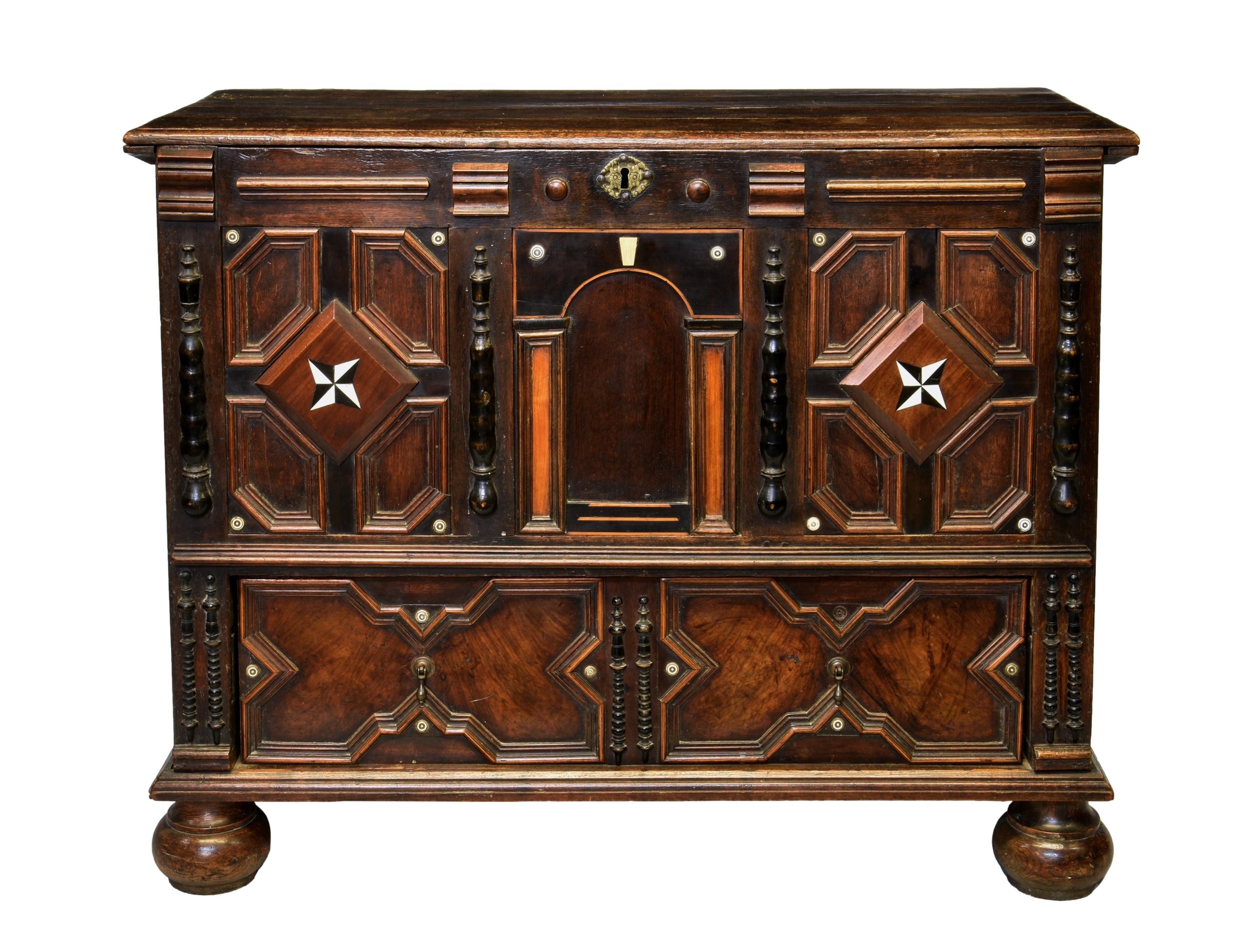 A Charles II and later oak, walnut and marquetry mule chest, late 17th century and later,