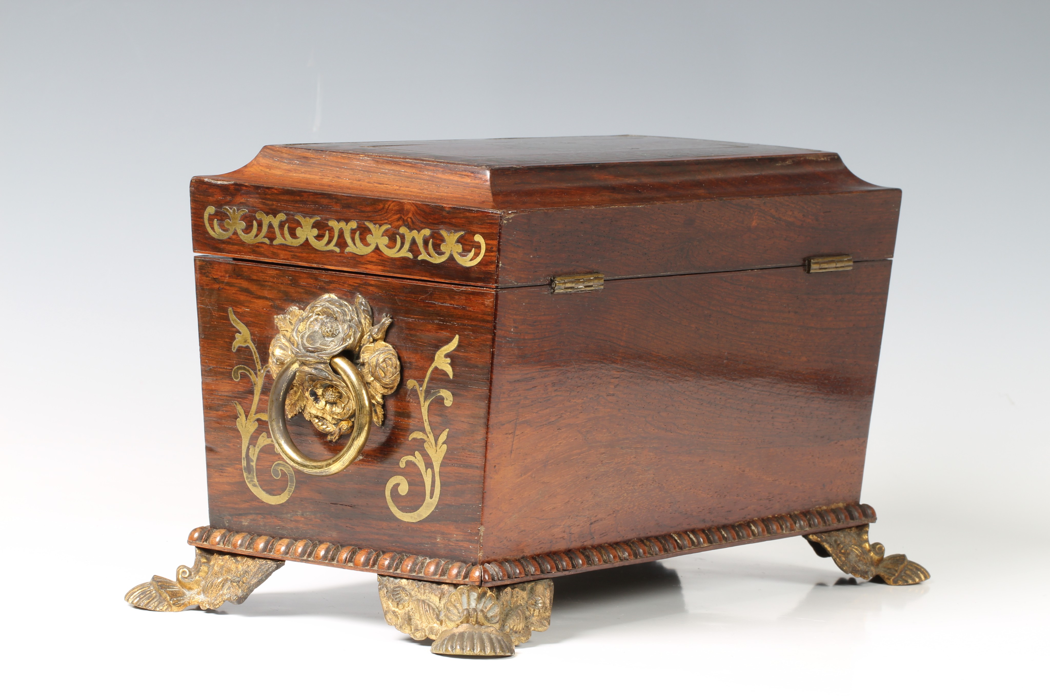 A Regency Rosewood and brass inlaid tea caddy, with blue velvet lined interior with void for - Image 2 of 5