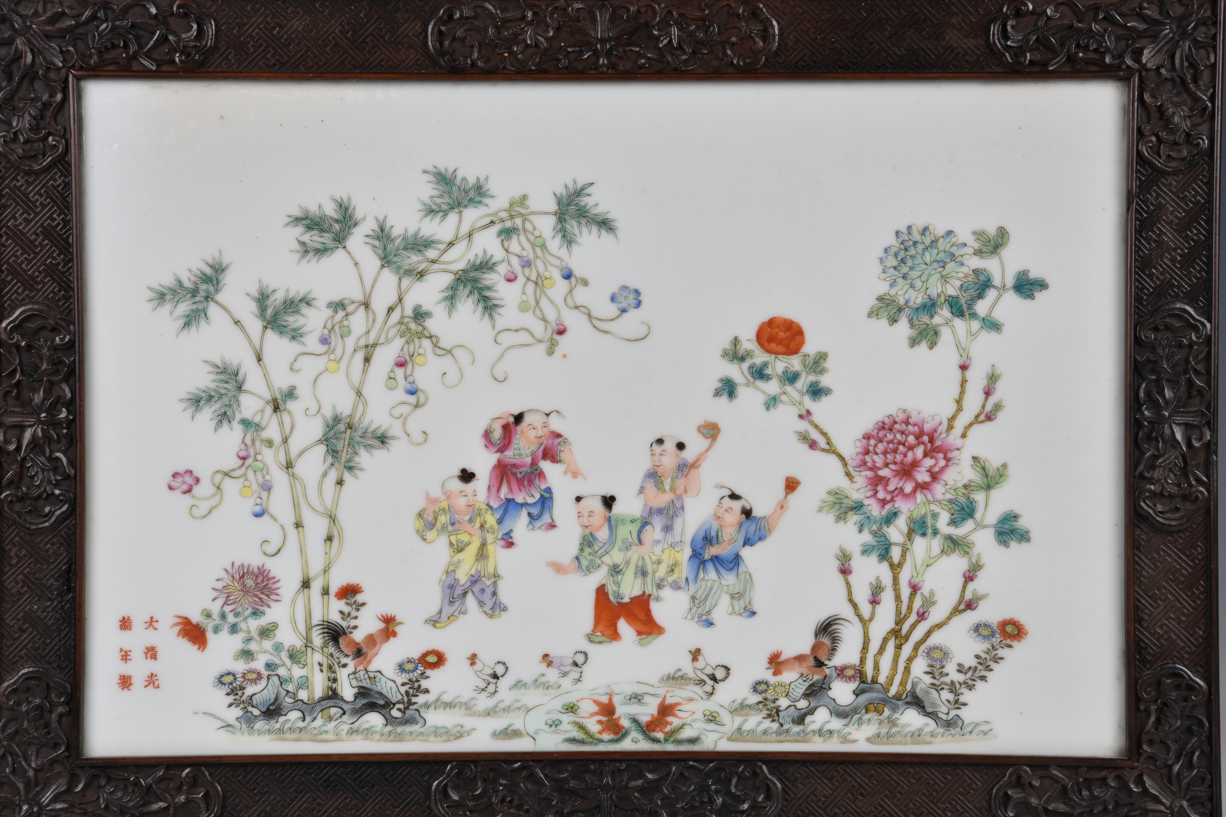 A fine quality Chinese famille rose porcelain 'Boys' plaque, Guangxu six character mark lower - Bild 2 aus 8