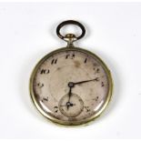 An antique nickel open face pocket watch, c.1910, fob wound lever movement, 42mm. Arabic silvered
