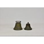 Two bronze bells, the larger with raised beaded decoration and inscribed 'Albertano Fres. Bulle' and