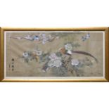 A Chinese watercolour on silk painting, mid-20th century, of two Oriental pheasants amidst roses