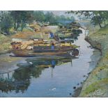 V. Podyouzyky (mid-20th century), Moored boats on a quiet estuary backwater. oil on canvas, signed