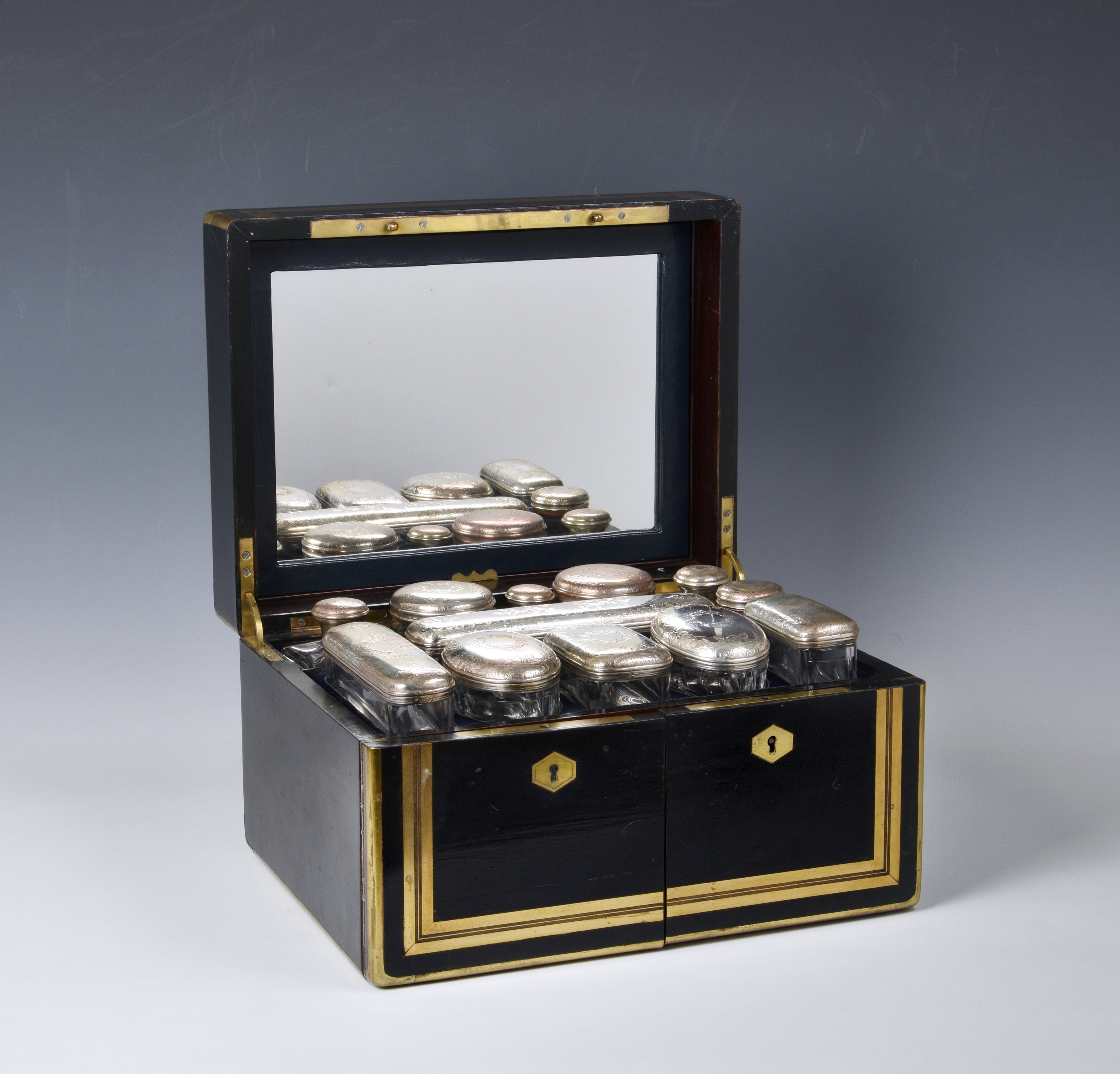 A fine and well fitted 19th century ebonised rosewood Palais Royal travel necessaire / vanity chest, - Image 9 of 9