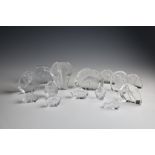 Nine intaglio glass sculptures or paperweights by Mats Jonasson, Sweden, depicting animals including
