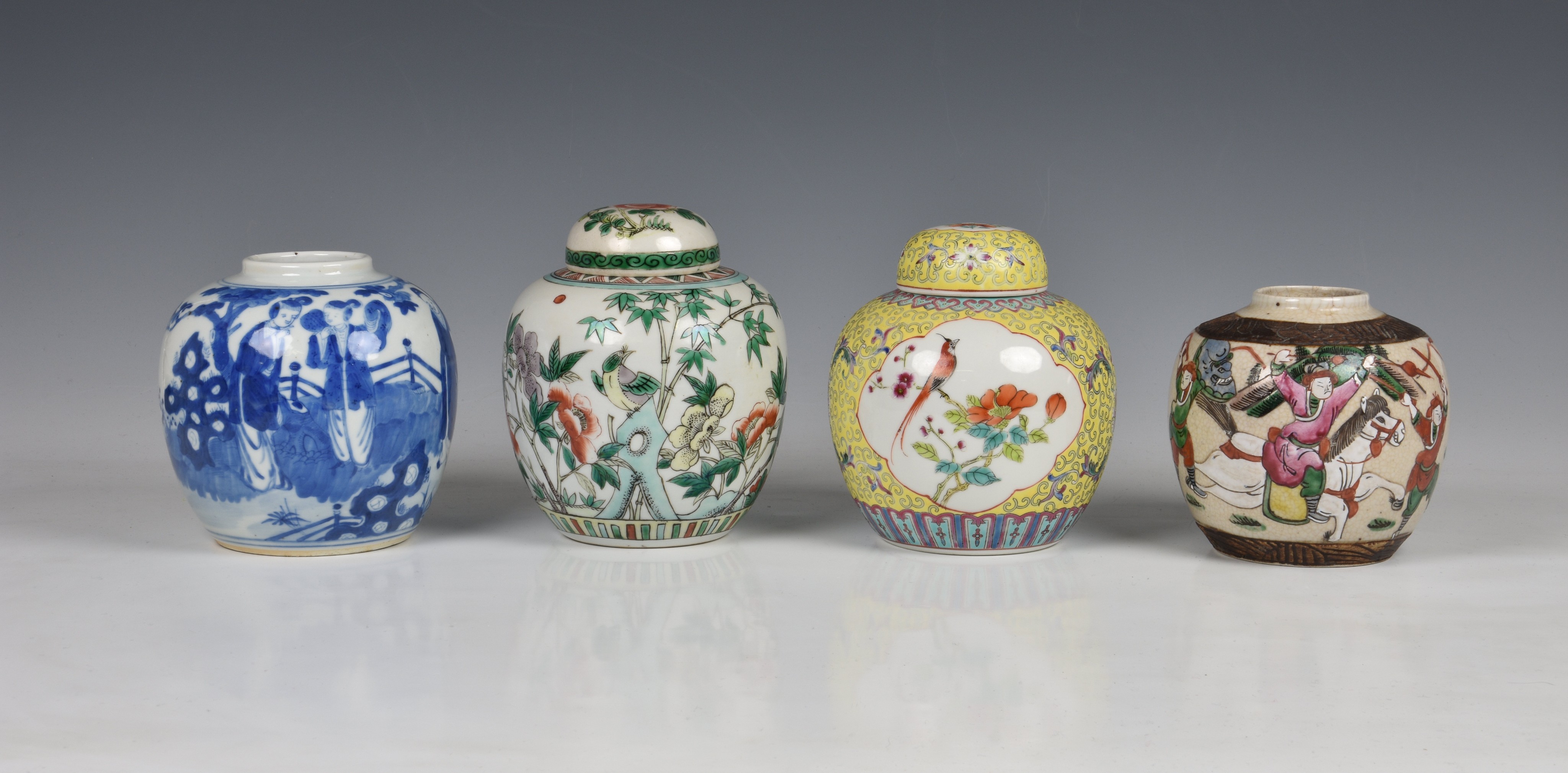 Four Chinese porcelain ginger jars, 20th century, one blue and white, painted with elegant ladies in