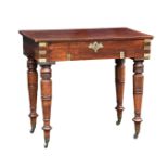 A 19th century brass bound teak campaign desk, the rectangular desk opening to reveal a fitted