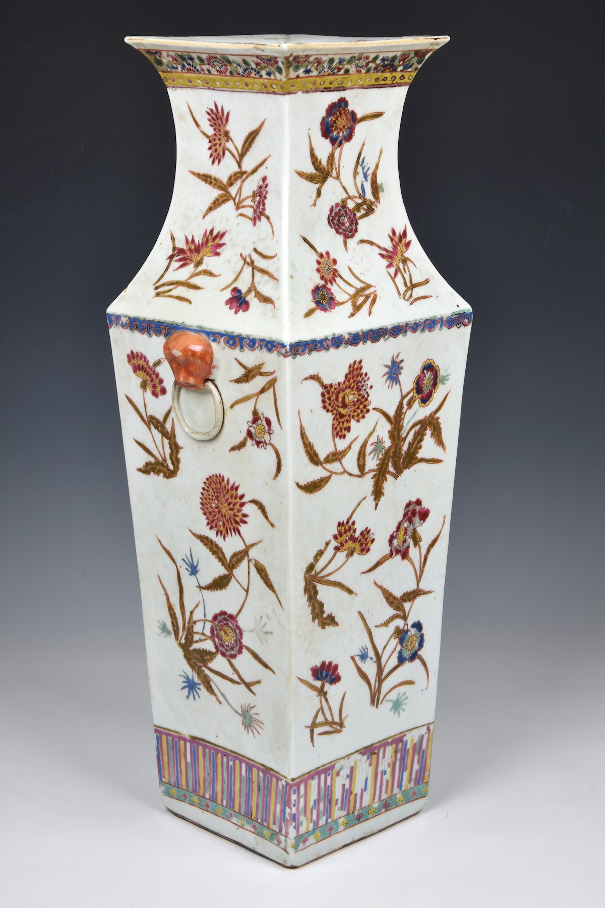 A Chinese porcelain famille rose square baluster vase, probably early 20th century, iron red four - Image 5 of 14