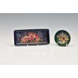 Moorcroft Pottery rectangular pen tray and miniature bowl, the pen tray in the 'finches' pattern, on