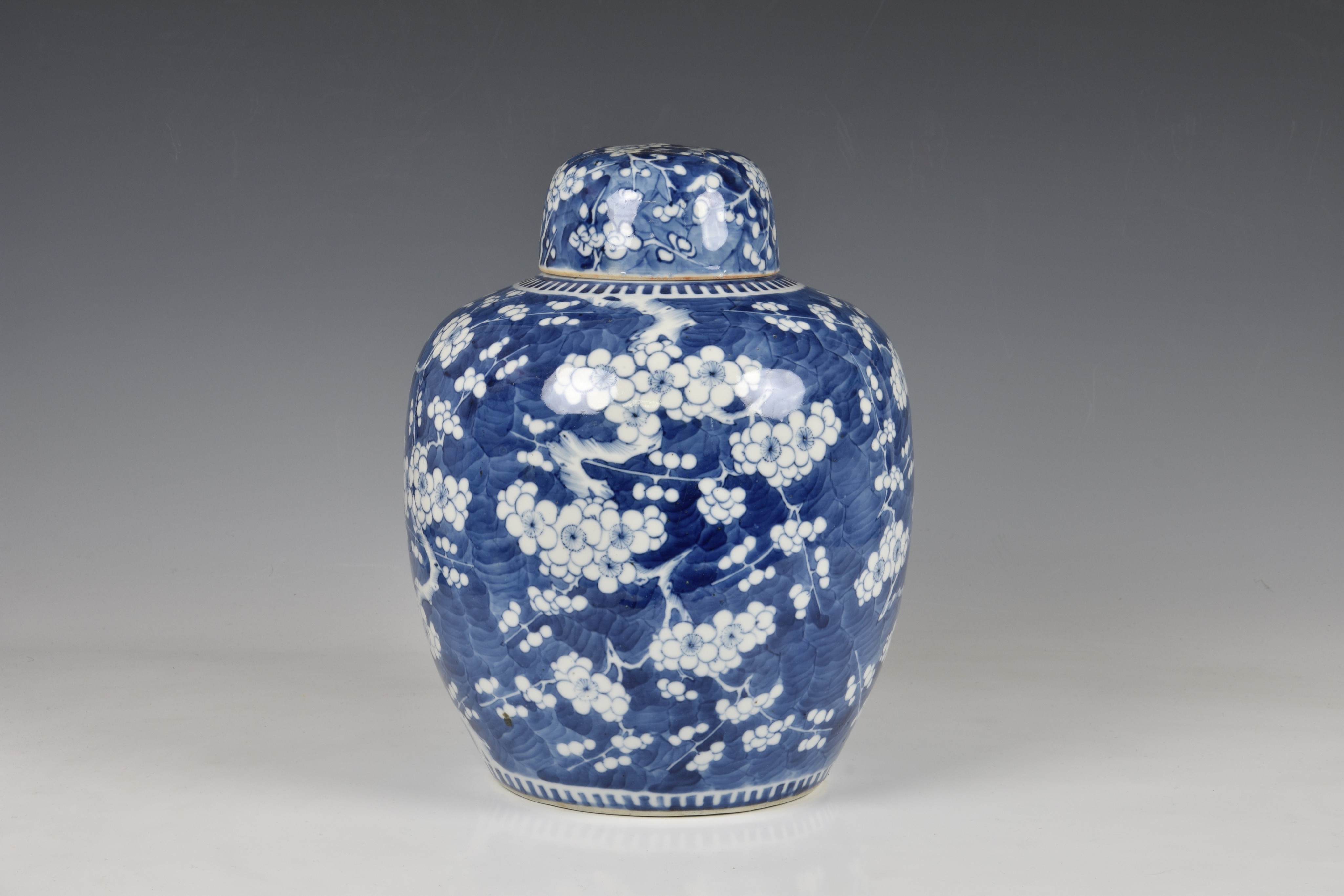 A large Chinese porcelain blue and white ginger jar, Qianlong four character mark but later,