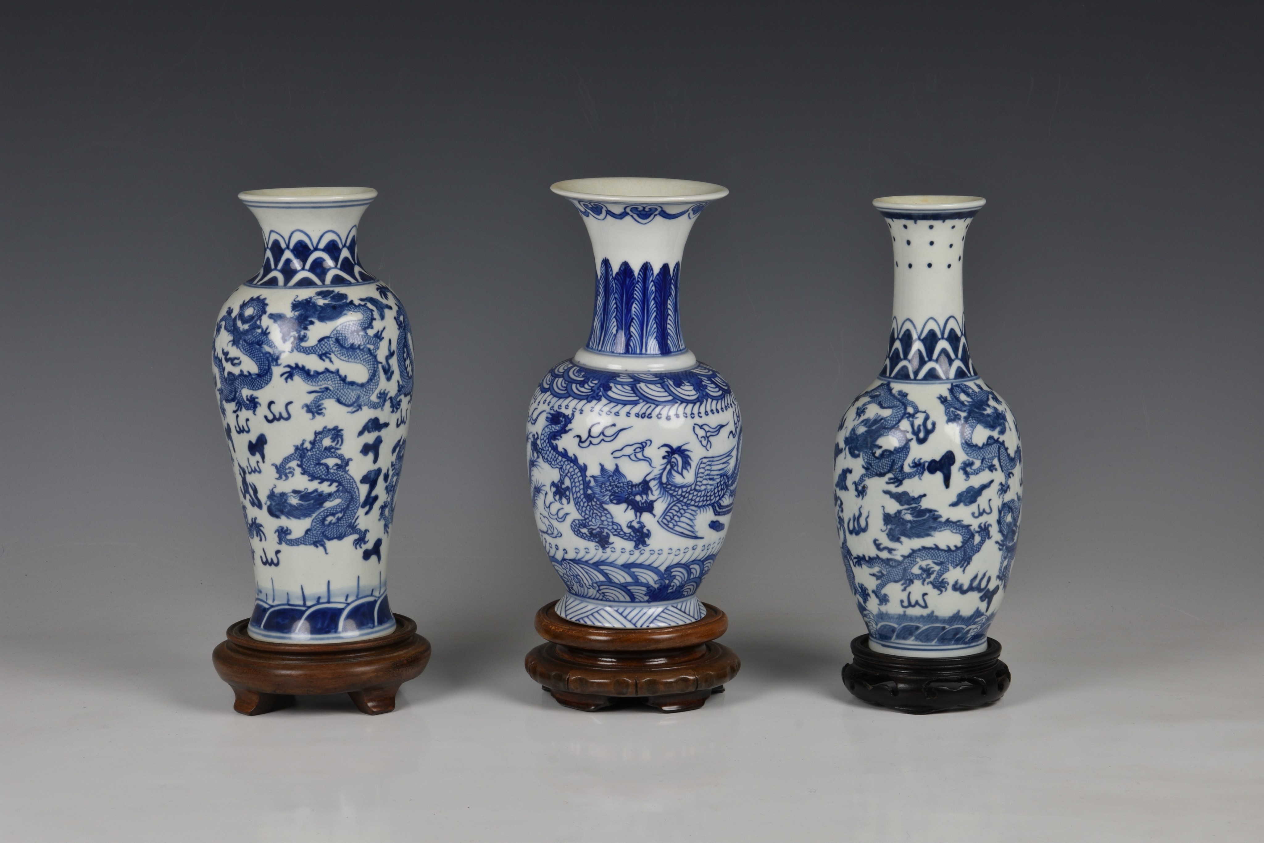 Three Chinese porcelain blue and white vases, 20th century, comprising a baluster vase with six - Image 2 of 3