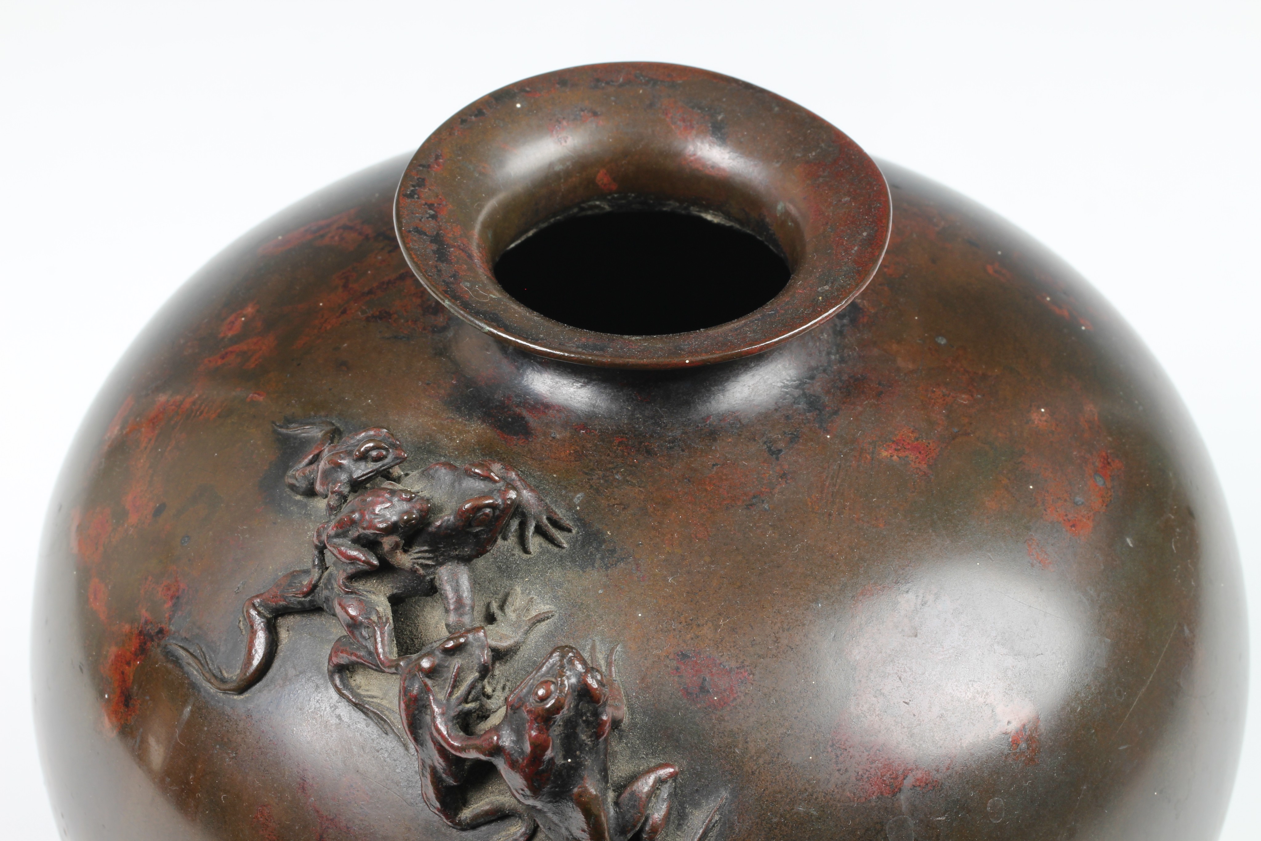 A Japanese patinated bronze vase, 19th century, of stout baluster form with everted rim and slightly - Image 3 of 5