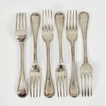 A set of six of Victorian silver Hanoverian Military Thread pattern dinner forks, H J Lias & Son,