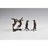 A miniature bronze of two boxing hares, in the manner of Paul Jenkins, stamped with foundry mark and