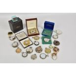 A collection of antique and modern pocket watches, including a boxed Rotary silver cased fob wind