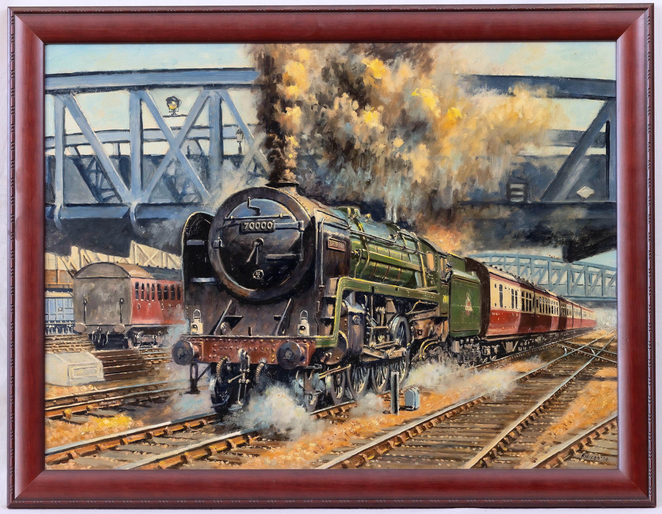Robert Nixon (British, b. 1955), ‘A’ 7MT Class Steam Engine 70000. oil on board, signed lower right, - Image 2 of 2