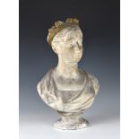 A 19th century painted plaster bust of the young Queen Victoria, the crown painted in gilt, remnants