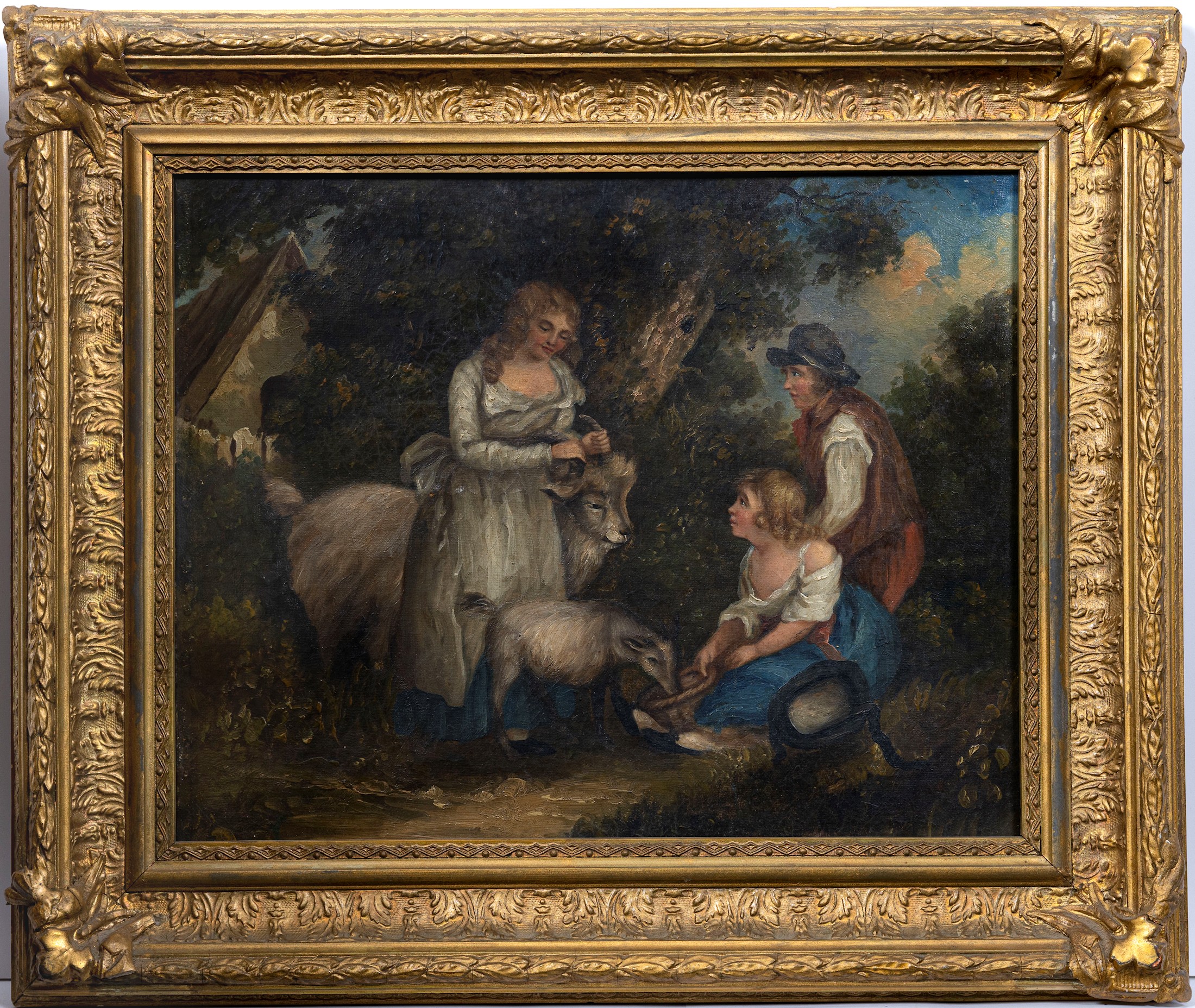 after George Morland (British, 19th century), Children feeding goats. oil on canvas, unsigned, - Image 2 of 3