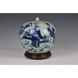 A Chinese porcelain celadon ground blue and white jar and cover, probably Guangxu period (1875-