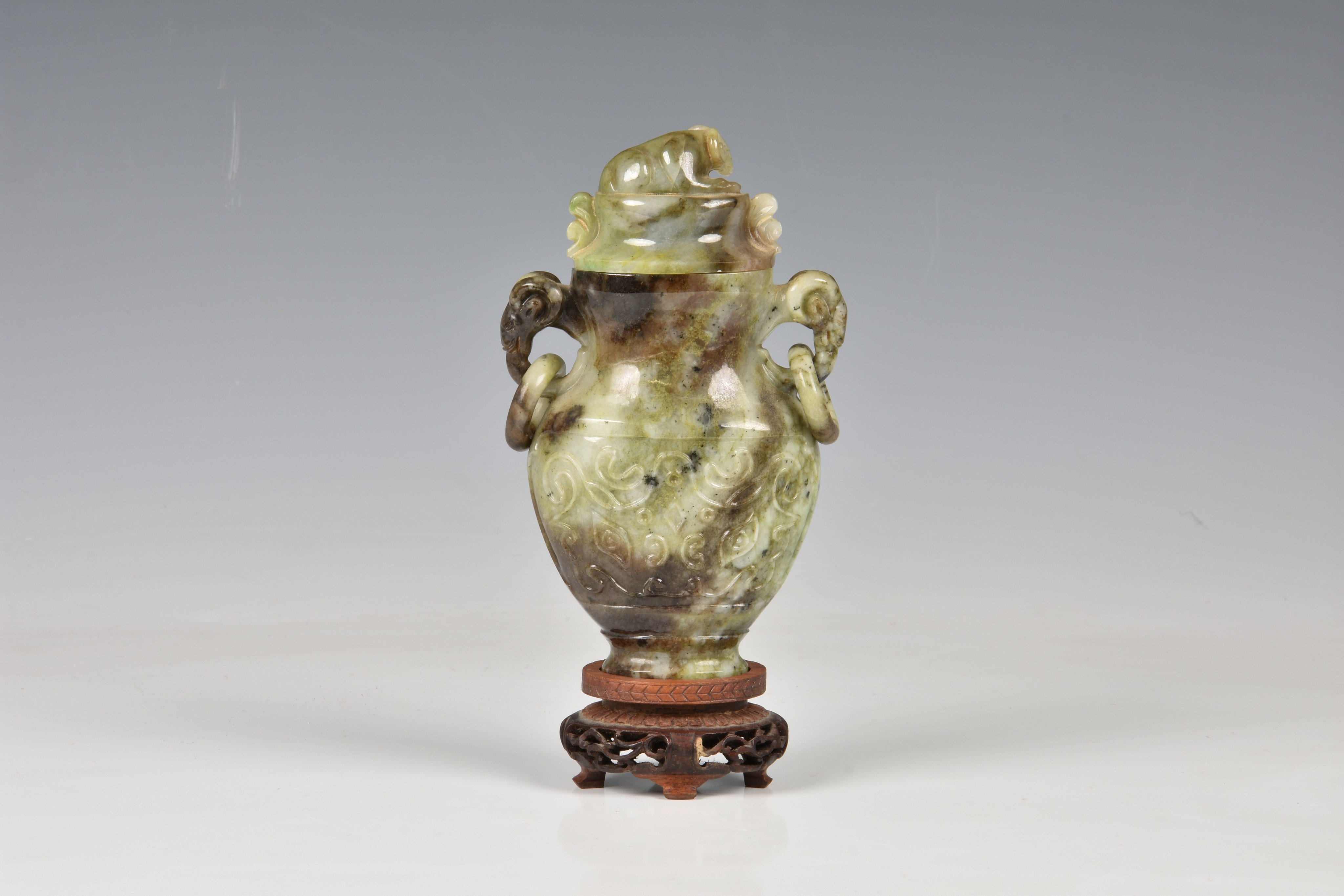 A Chinese carved jade archaic bronze form covered vase, second half 20th century, in black, brown - Image 2 of 4