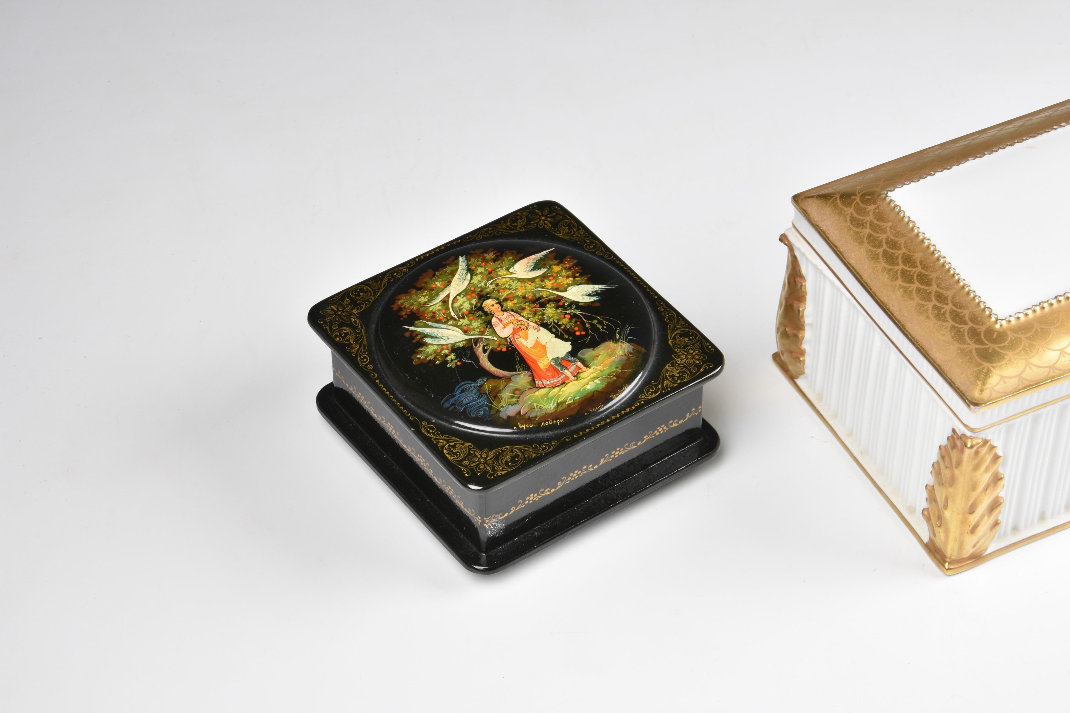 Two Russian black lacquered boxes, late 20th century, one of square form, signed and inscribed, 3½ - Image 3 of 4