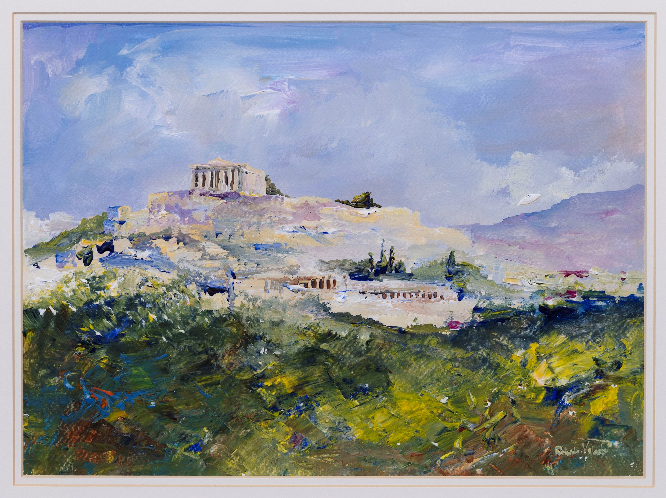 Roberto Luigi Valente (Italian b. 1926), ‘Acropolis, Athens’. oil on board, signed, lower right,