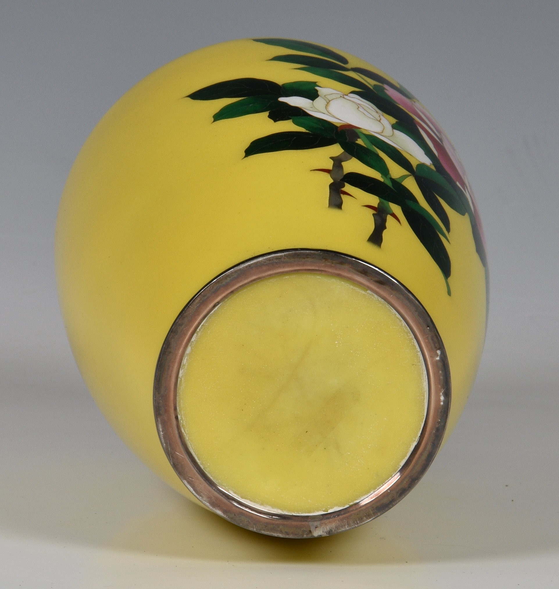 A yellow ground Japanese cloisonné vase, Meiji period, of baluster form with rounded shoulders, - Image 3 of 3