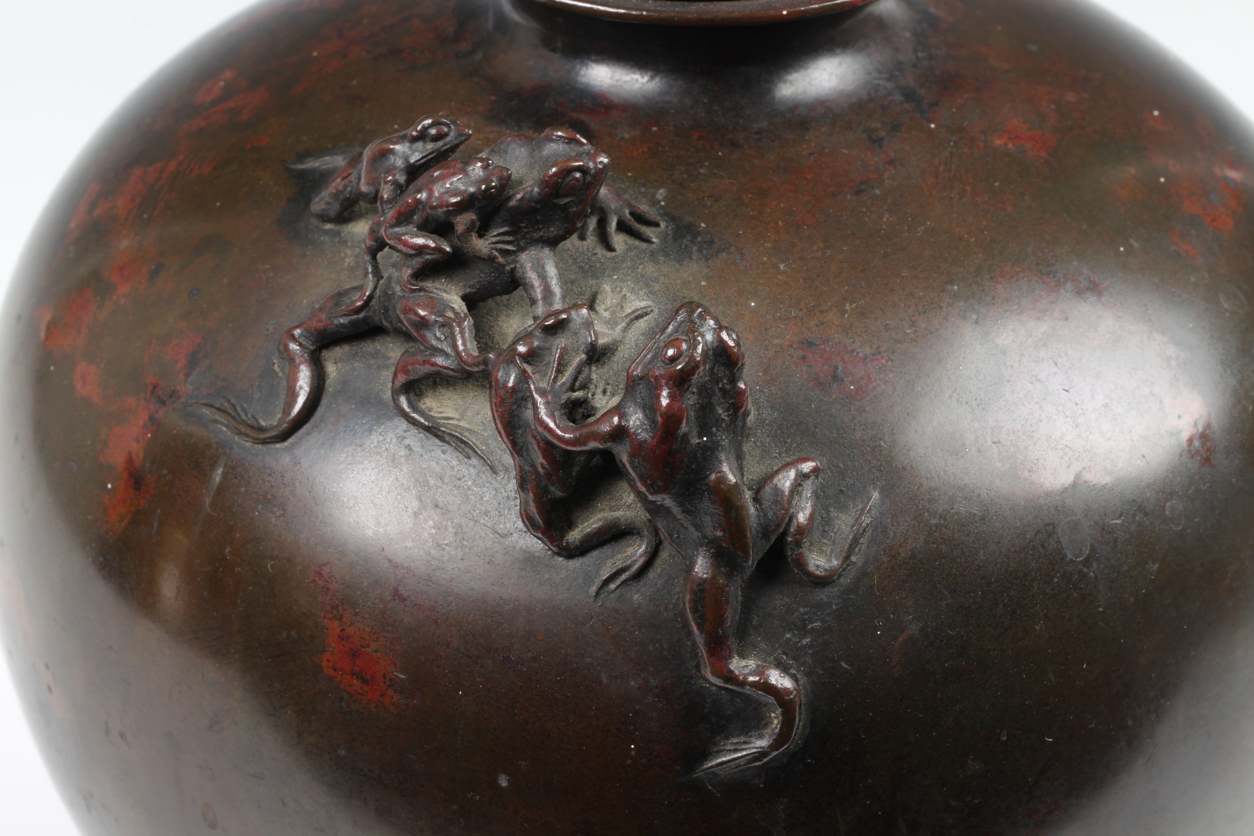 A Japanese patinated bronze vase, 19th century, of stout baluster form with everted rim and slightly - Image 2 of 5