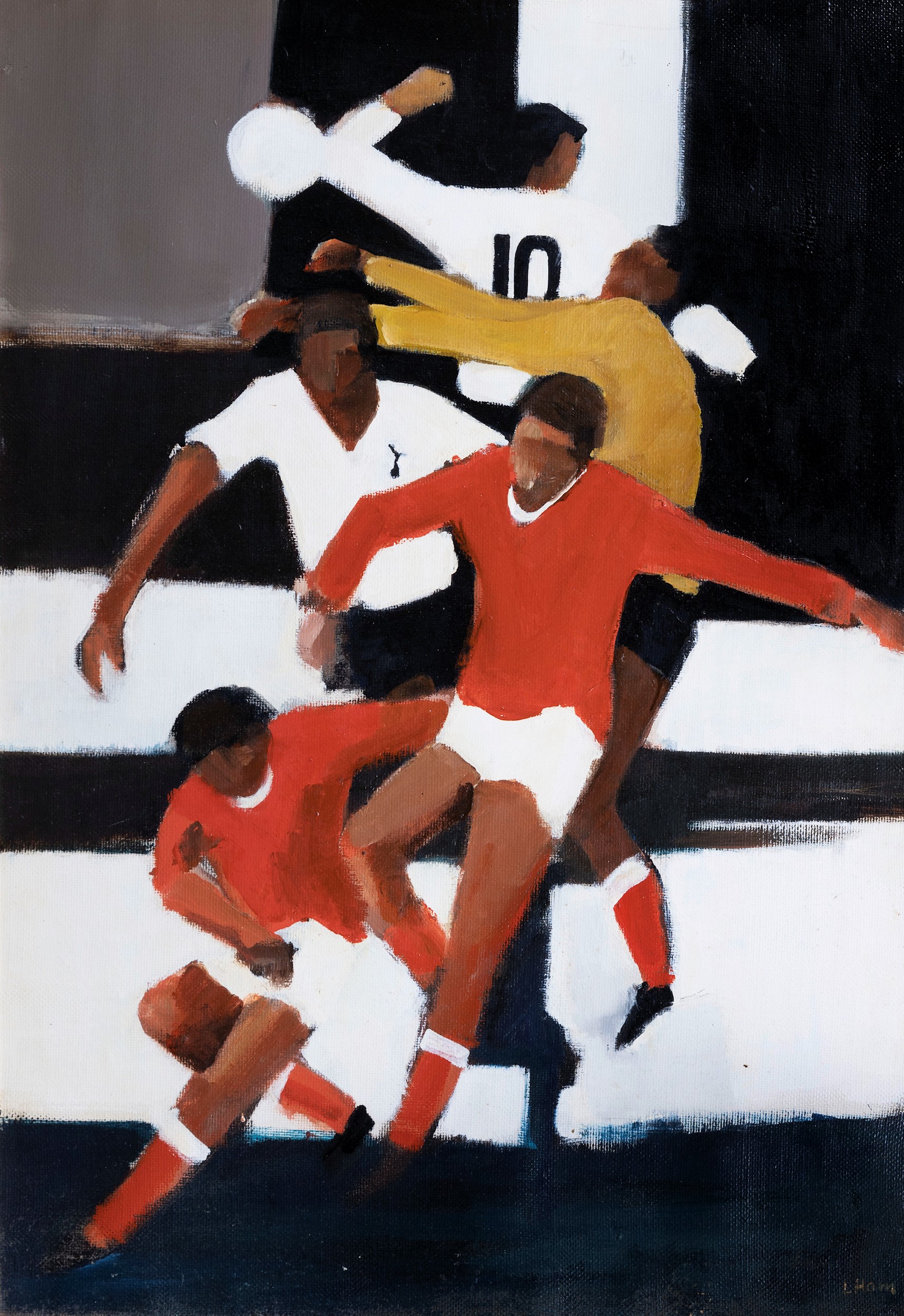 Larry Ham (British, 1933-2007), Footballers. oil on canvas, signed 'L Ham' lower right, plain gilt