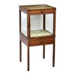 A small 19th century square mahogany bijouterie table and display cabinet, with a shallow drawer