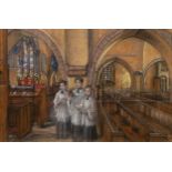 M. E. Journeaux (Jersey, early 20th century), Three choirboys in a Jersey Church. * pastel, signed