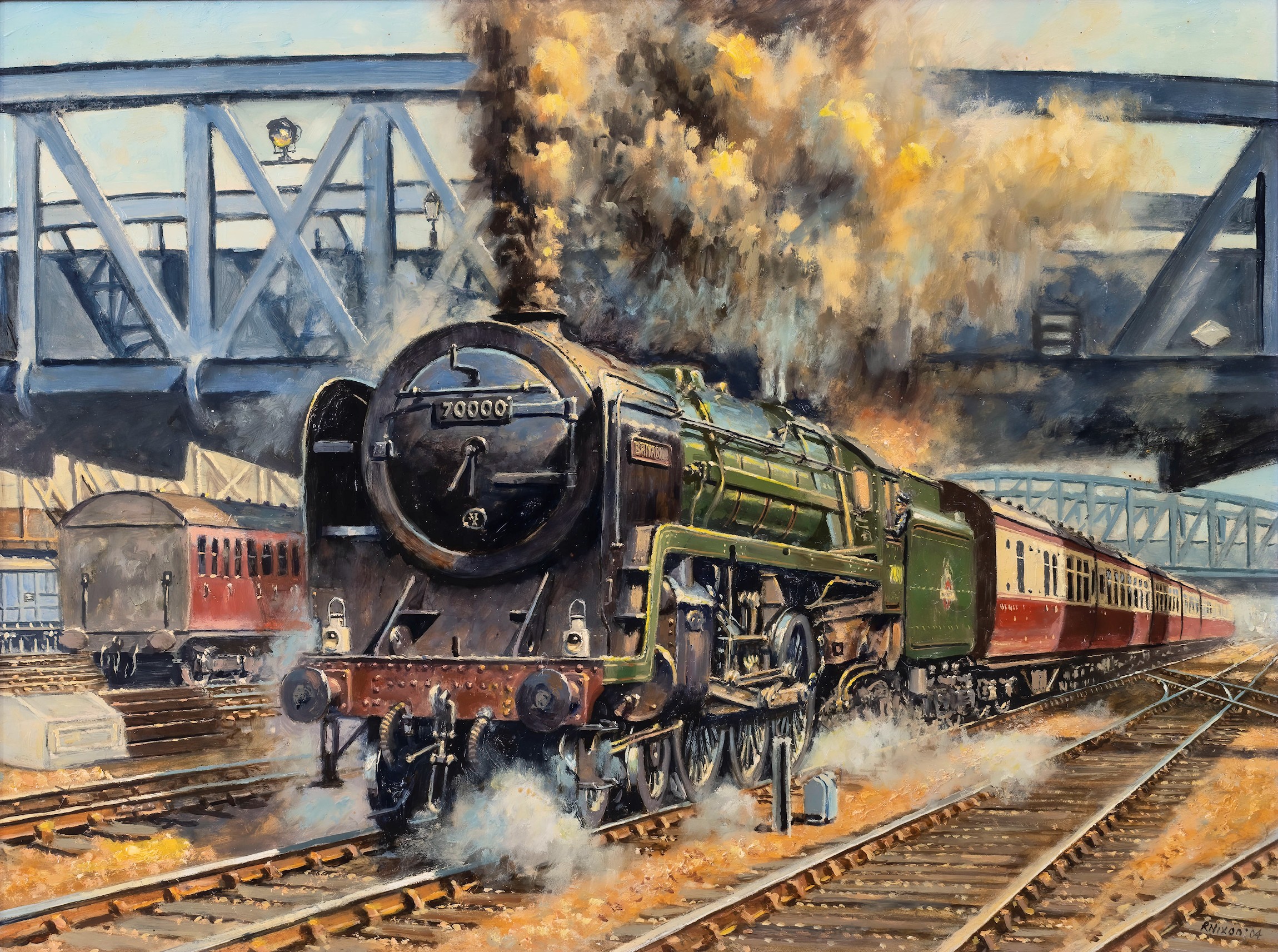 Robert Nixon (British, b. 1955), ‘A’ 7MT Class Steam Engine 70000. oil on board, signed lower right,