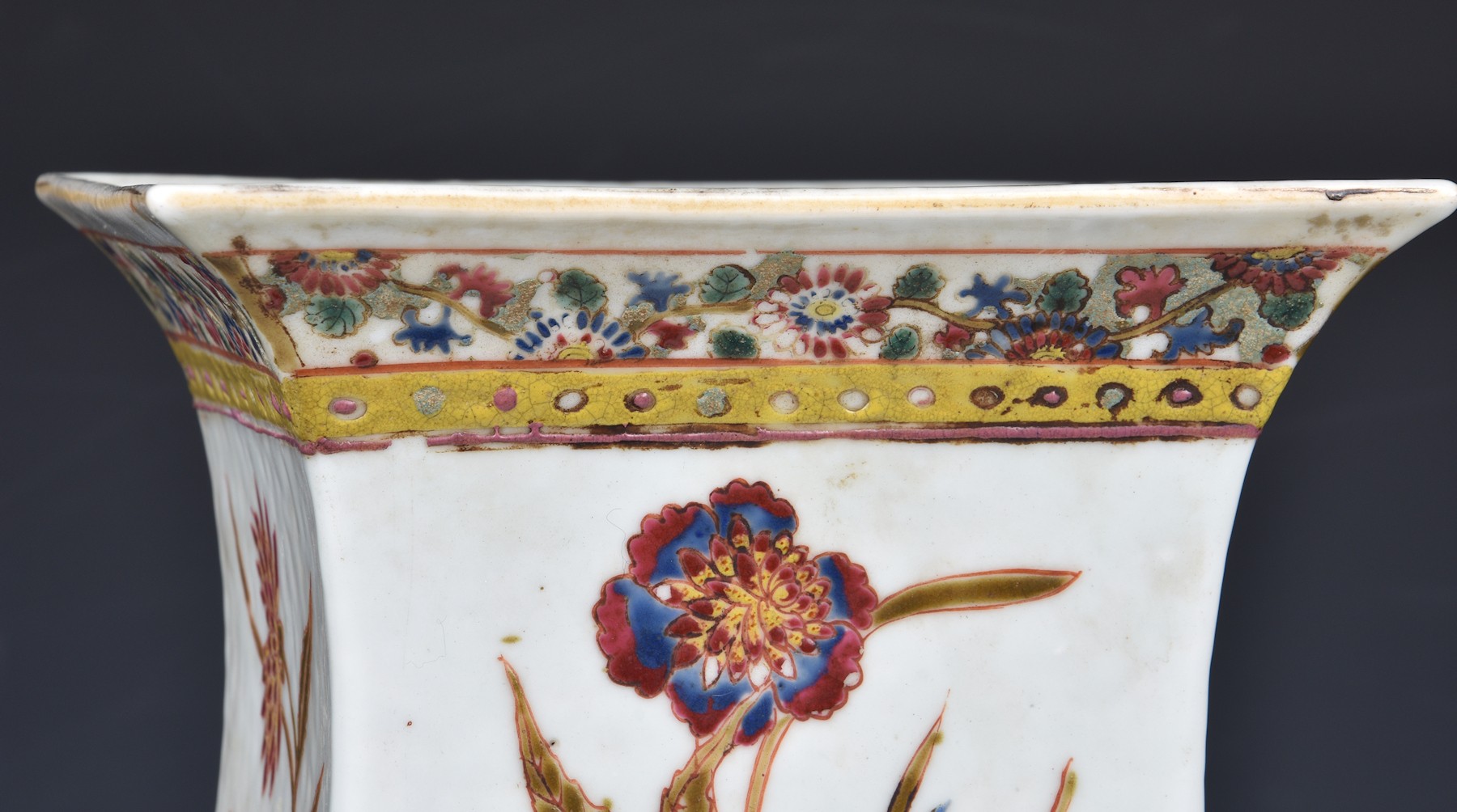 A Chinese porcelain famille rose square baluster vase, probably early 20th century, iron red four - Image 9 of 14