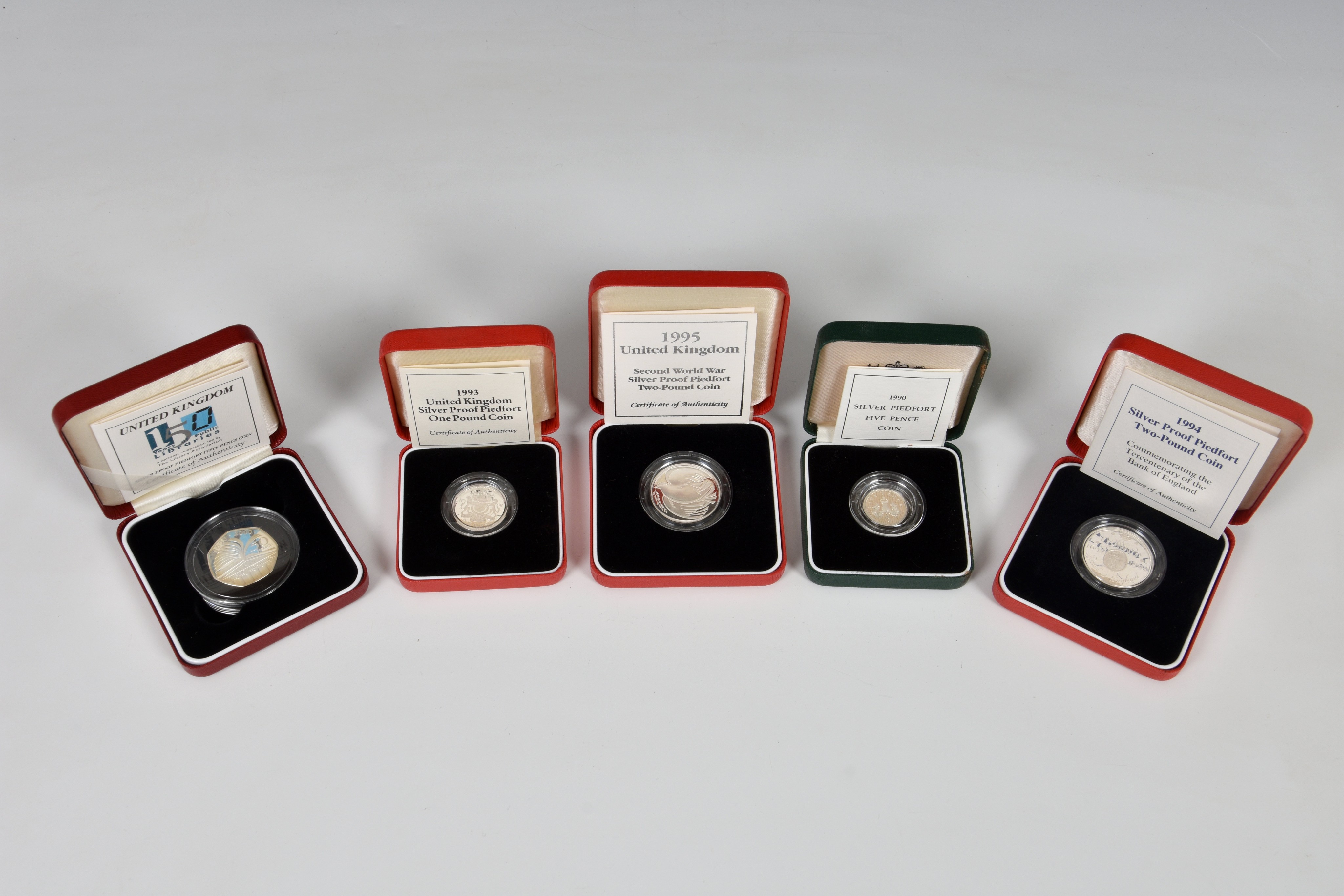 Royal Mint - Five cased Silver Proof Piedfort coins, comprising a 1995 WW2 £2; 2000 150 years of