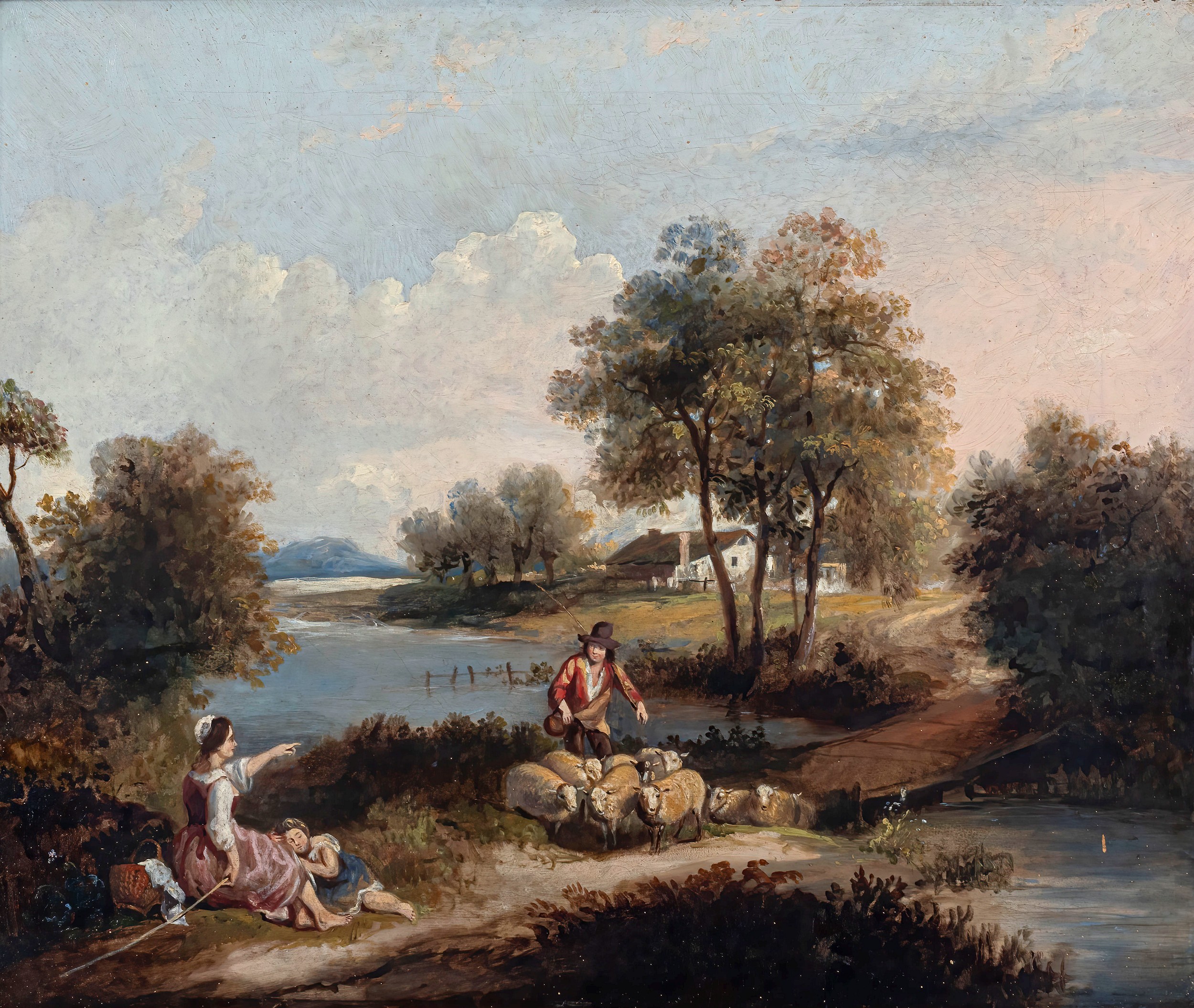 English School, mid 19th century, Pastoral Landscape with Figures and Sheep oil on canvas,