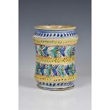 An Italian maiolica polychrome albarello, 17th / 18th century, of slightly waisted form with