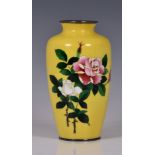 A yellow ground Japanese cloisonné vase, Meiji period, of baluster form with rounded shoulders,