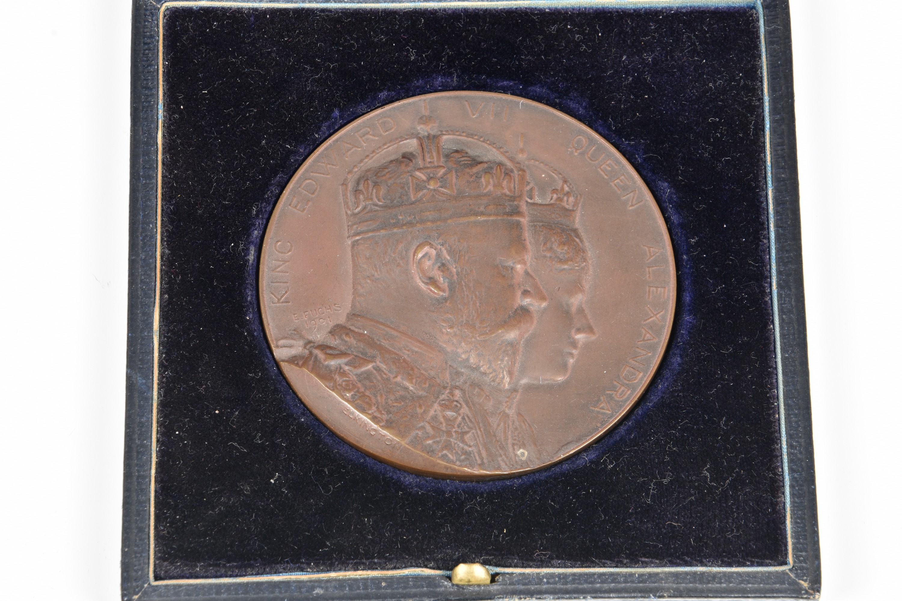 A cased bronze medallion 'Coronation Medal of King Edward VII and Queen Alexandra', by E. Fuchs