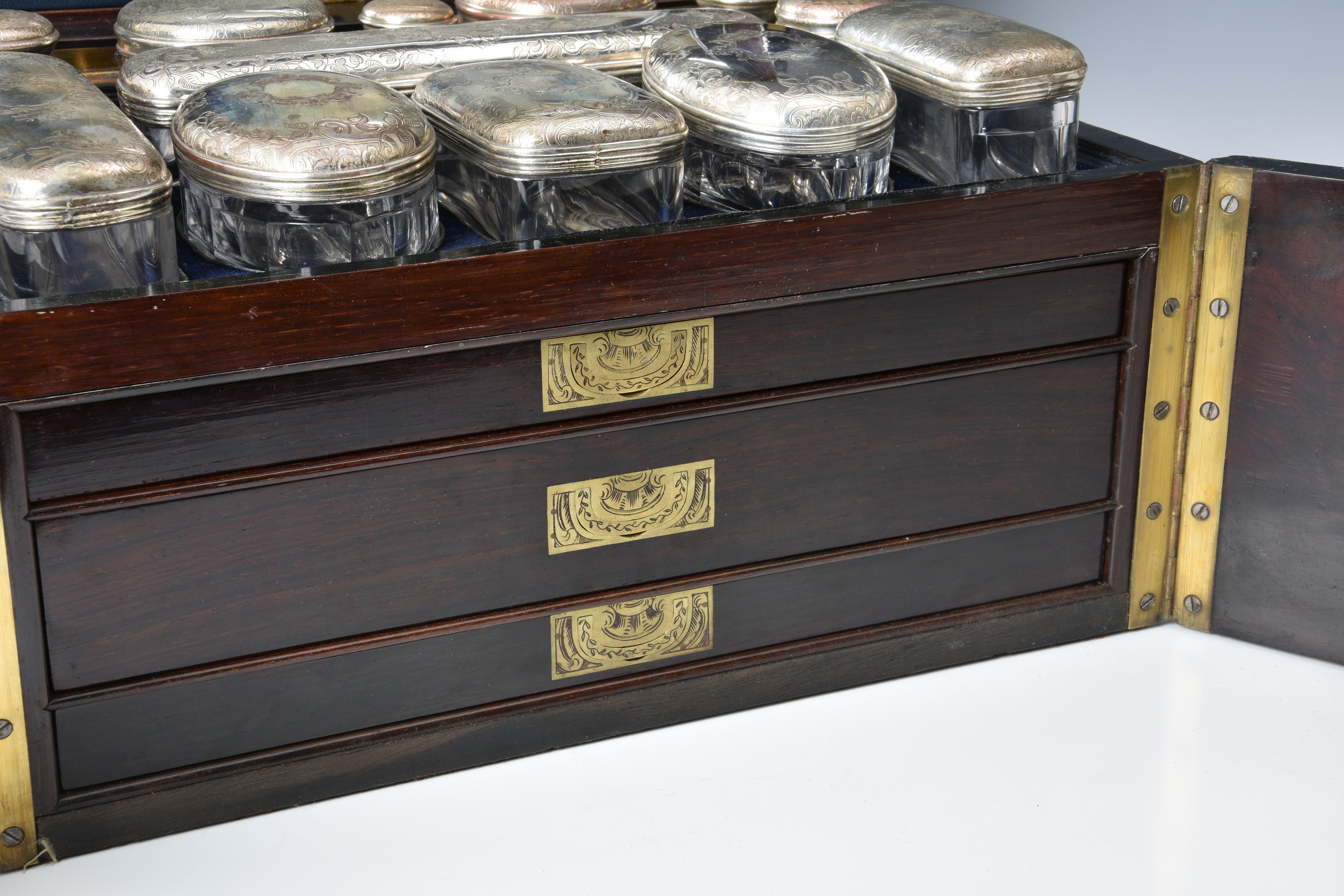 A fine and well fitted 19th century ebonised rosewood Palais Royal travel necessaire / vanity chest, - Image 6 of 9