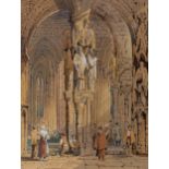 After Samuel Prout (British, 19th century), Figures in cathedral interiors. a pair, watercolours,