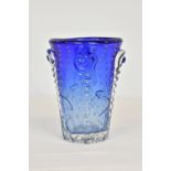 A Whitefriars heavy bubble glass vase, in kingfisher blue with raised decoration, on polished