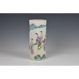 A Chinese porcelain famille rose sleeve vase, probably early 19th century, finely painted with