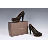 Gucci - a pair of Betty black suede platform pumps, size 40 (UK size 7), with tan piped trim, in