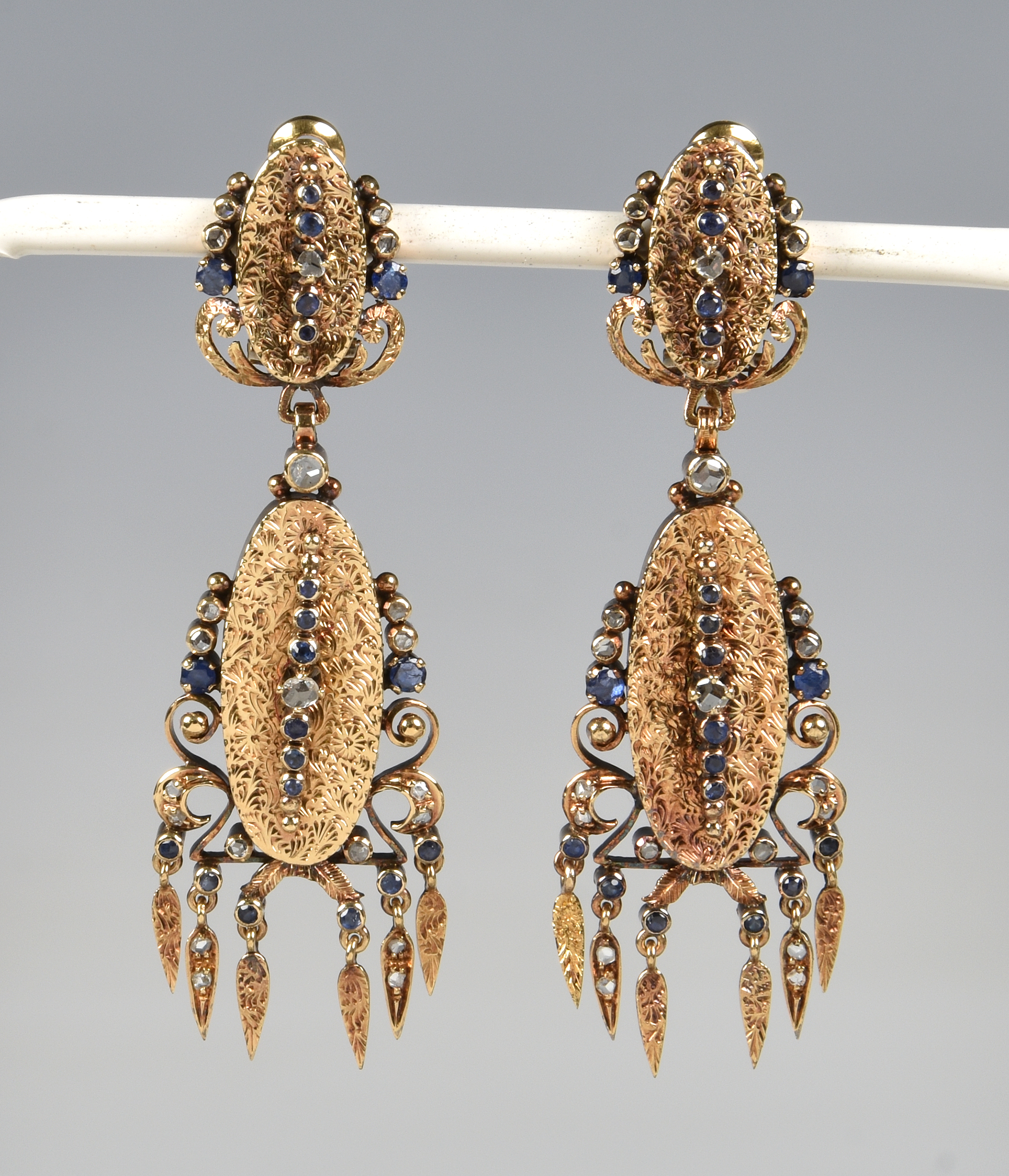 A pair of antique 18ct gold, sapphire and diamond drop earrings, probably French, late 19th /