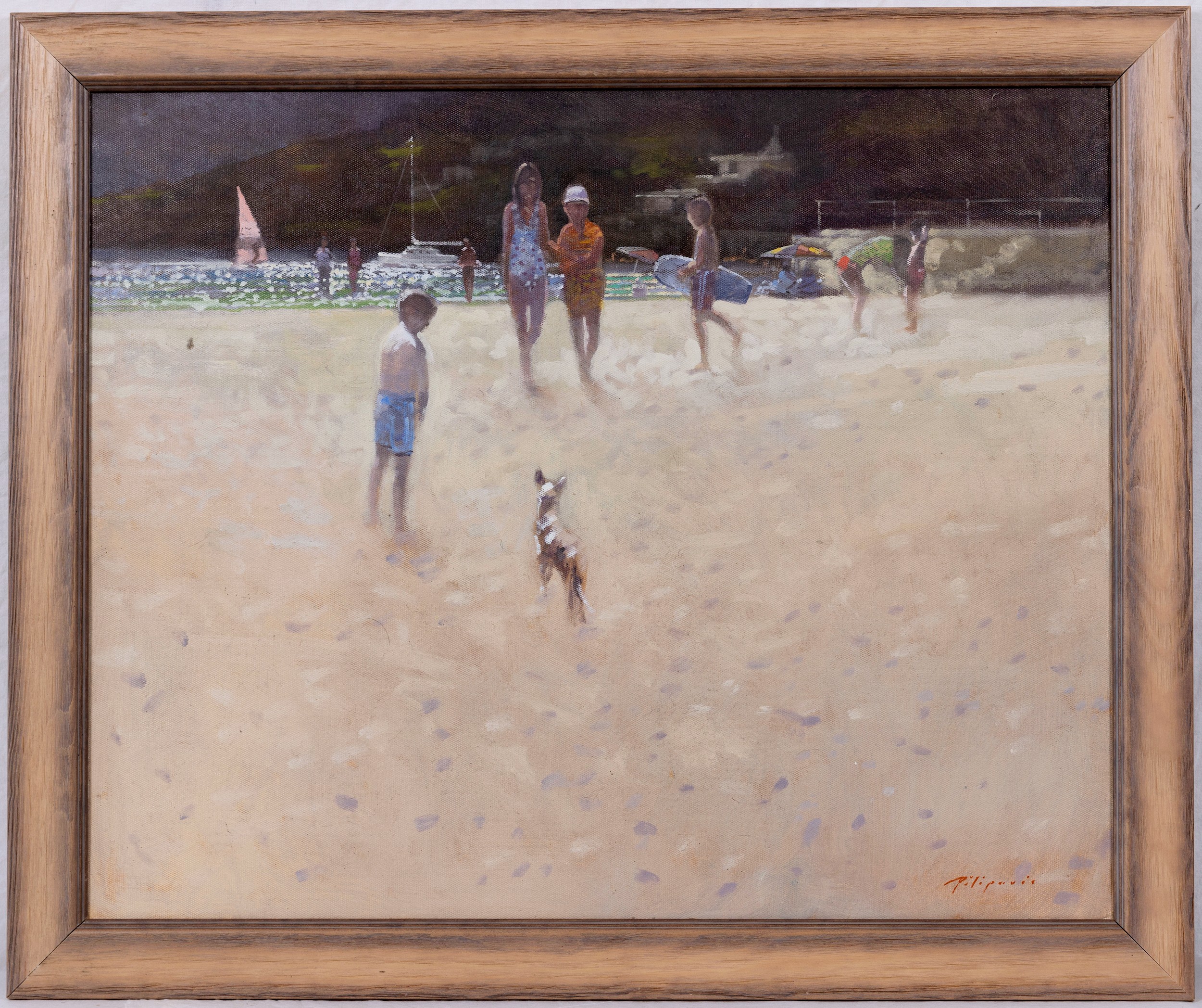 Zlatan Pilipovic (b.1958 Sarajevo), Figures and a Dog on the Beach with a Surfboard. oil on canvas - Image 2 of 2