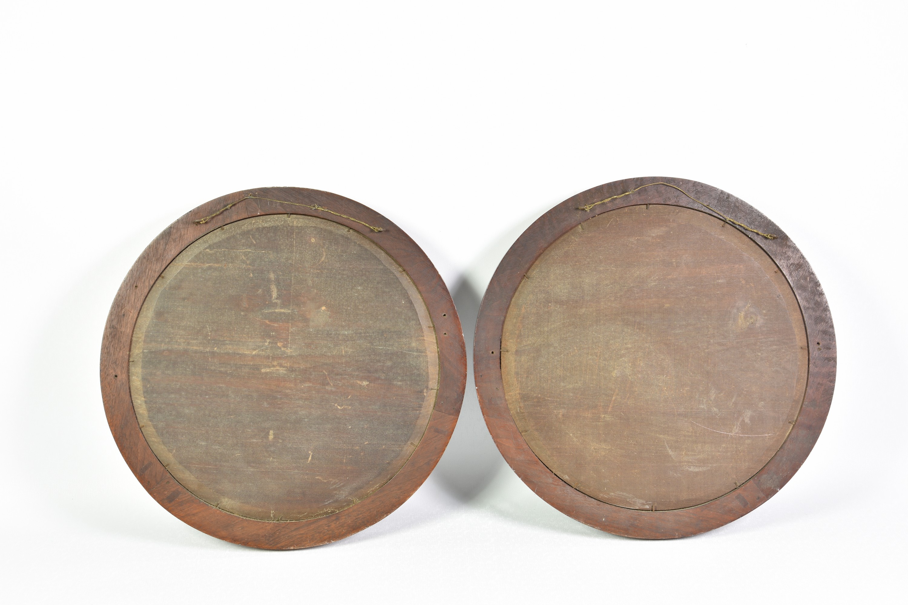 A pair of Copeland Spode Chargers in wooden circular frames, probably concealing marks and titles on - Image 2 of 2