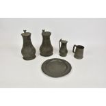 Three antique pewter measure jugs, with Initials / stamps to lid, acorn thumbpieces and strap