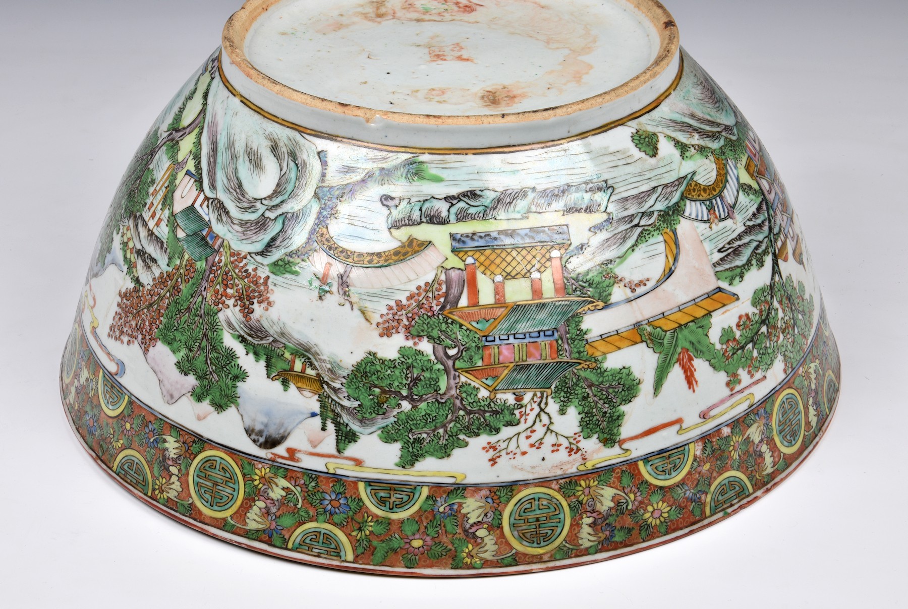A large Chinese export porcelain Canton famille rose punch bowl, worn four character seal mark to - Image 10 of 16